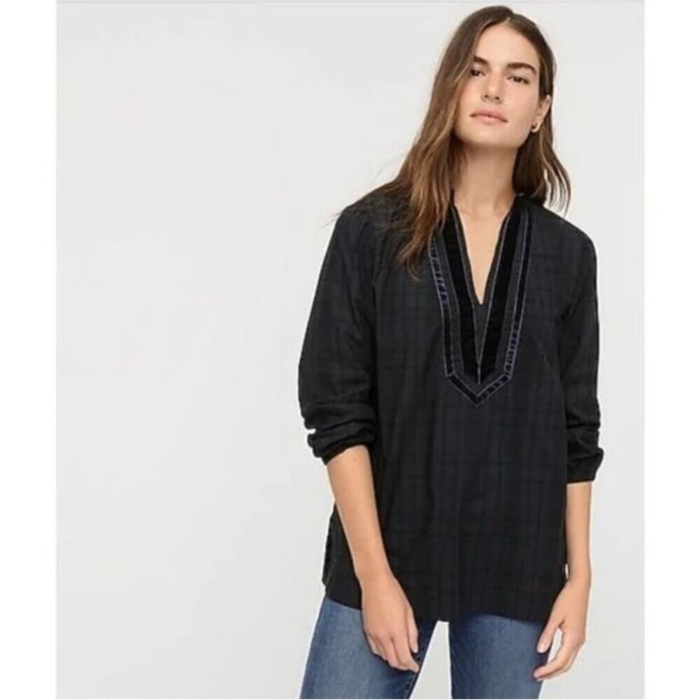 J.Crew Velvet Trimmed V-Neck Tunic in Black Watch Tartan Print Size XXS